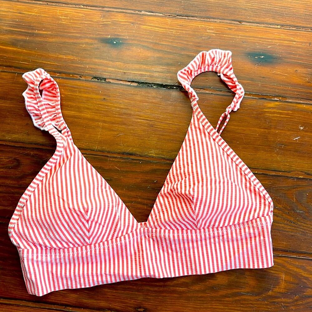 Aerie seersucker striped ruffle strap long line bikini swim top sz M